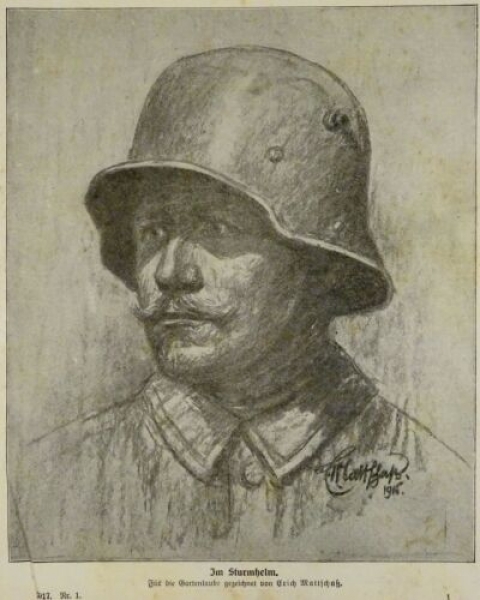 1917 - alter Druck - Im Sturmhelm (Für die Gartenlaube gezeichnet von Erich Mattschaß)